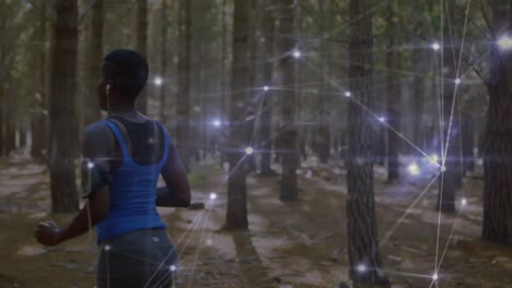 Animation-of-network-of-connections-over-woman-running-exercising-in-forest