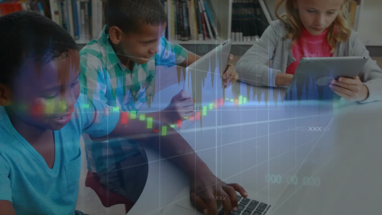 students reacting to animated chart overlay using tablets and laptop analyzing data