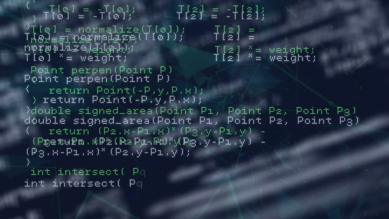 Animation of looping computer language, connected dots forming geometric shape on black background