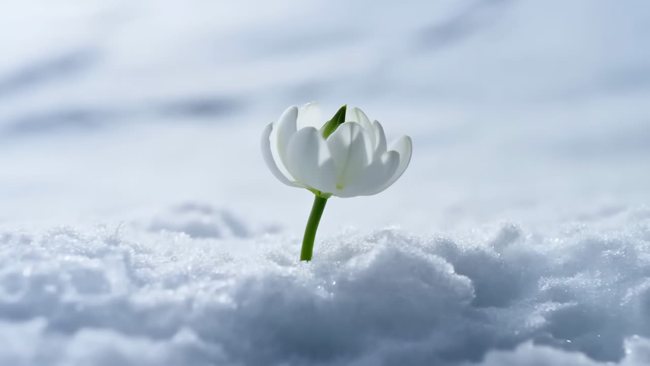 Time-Lapse di un fiore di bucaneve bianco che sboccia nella neve