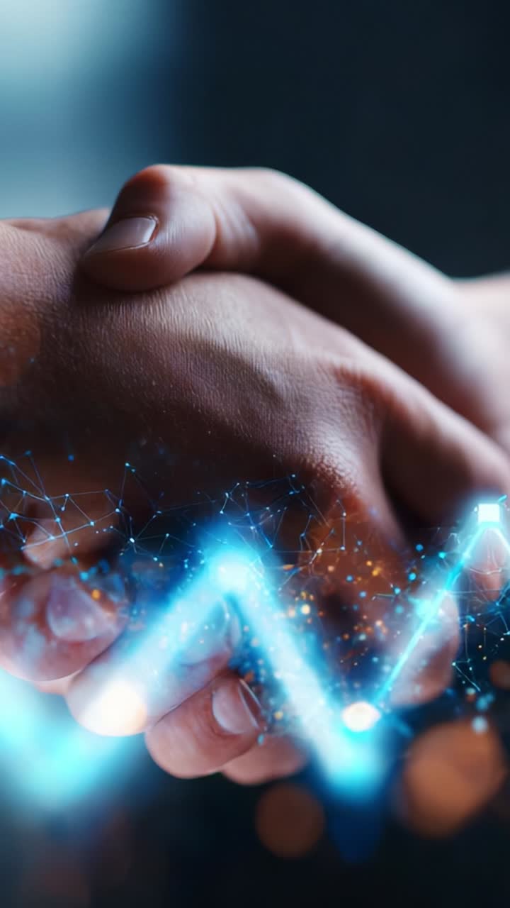A close-up of two hands shaking, symbolizing agreement and partnership amidst a backdrop of glowing digital elements representing technology and progress