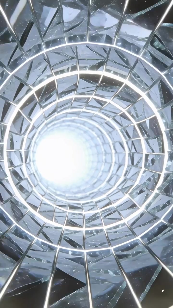 Vertical video: Gliding camera starting moving toward bright core inside faceted tunnel with rings