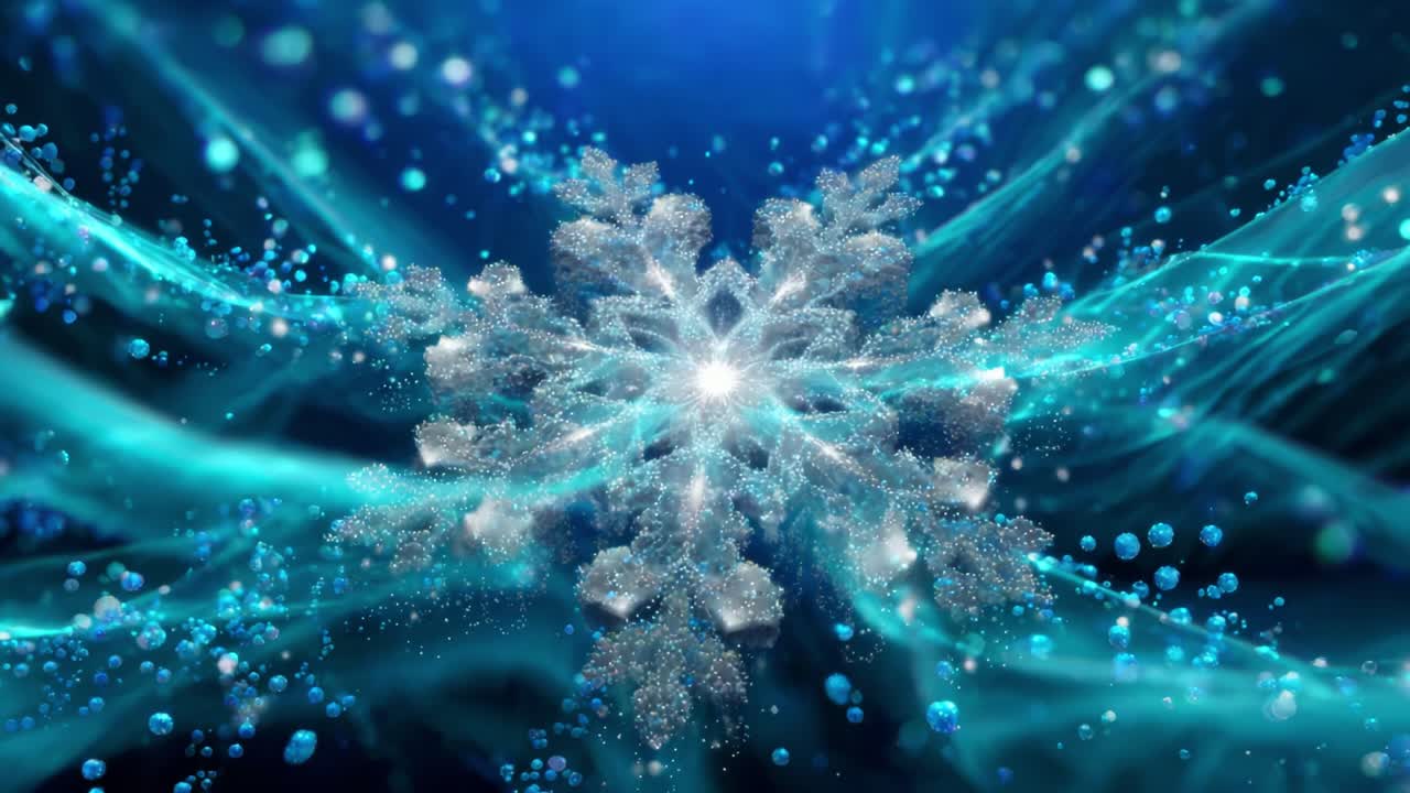 A Stunning Visual Representation of a Snowflake Surrounded by Ethereal Blue Lights and Glimmering Particles, Capturing the Essence of Winter and the Beauty of Nature's Intricate Designs