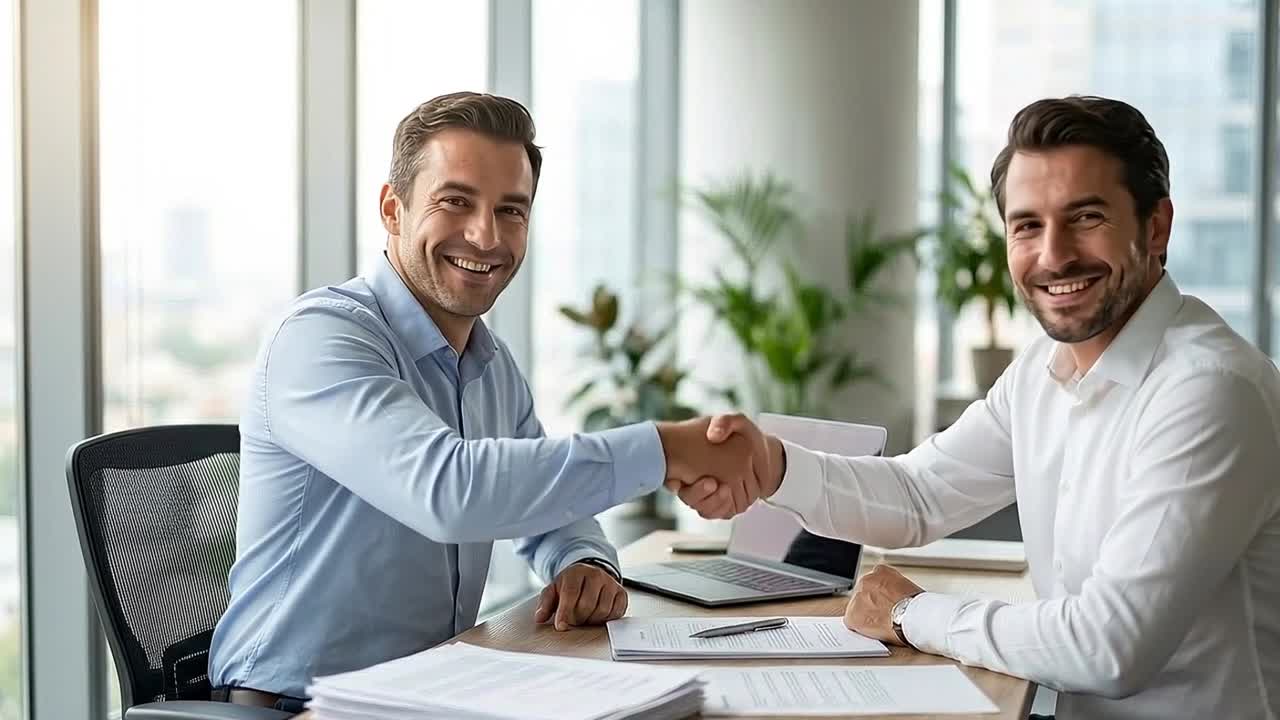 Succesfuldt håndtryk mellem forretningspartnere i et lyst kontormiljø med dokumenter og bærbar computer på skrivebordet.