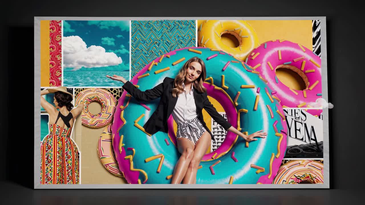 collage de moda de verano con mujer en flotador de rosquillas