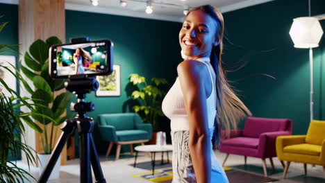 young woman recording dance video for social media at home