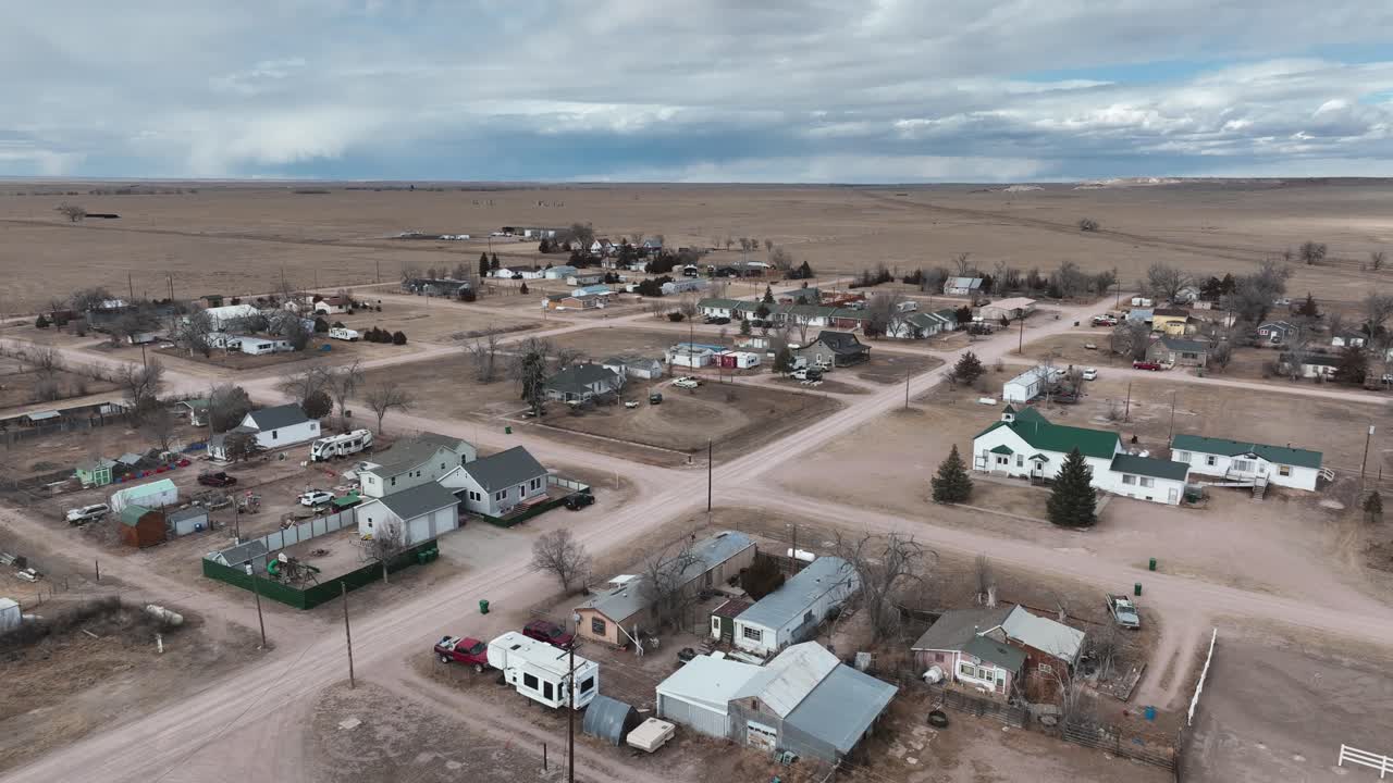 Grover Colorado drone shot in 4k showing the northwestern sector of town. Winter 2026 drought and early 20th century architecture. Colorado rural town