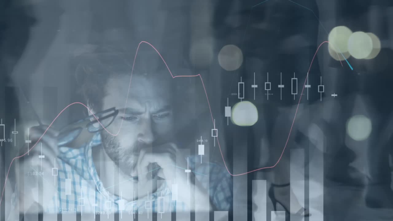 Animation of financial data processing over business people walking in modern office