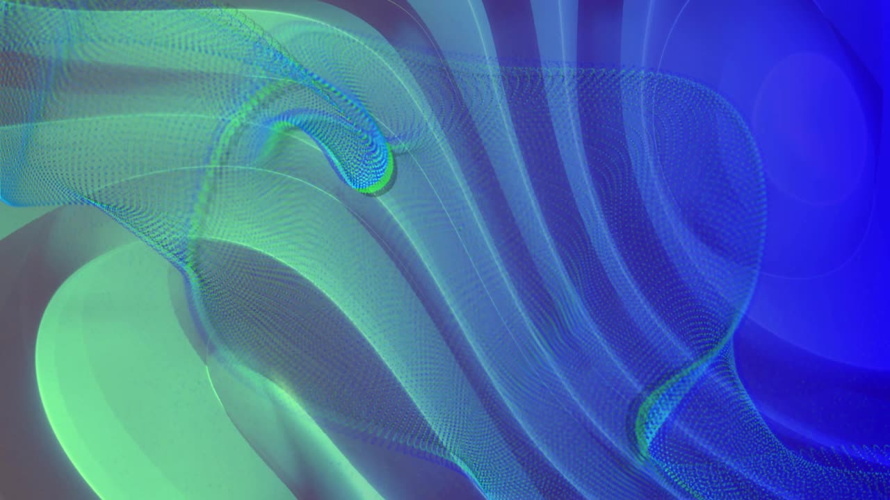 Dotted thread curling from upper left, tracing diagonal and rippling teal ribbons, showing flow