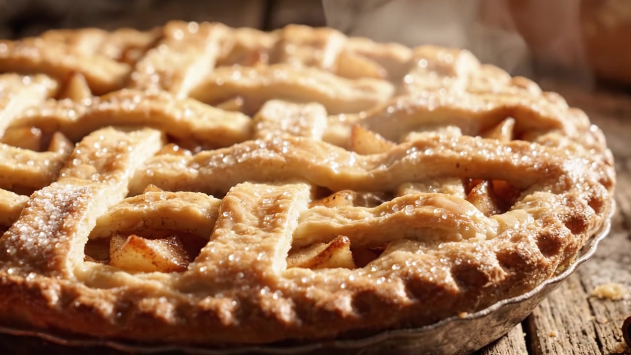 Torta di mele deliziosa appena sfornata con crosta a griglia, fumante e dorata, ripresa in primo piano, che evoca calore e comfort in ogni fetta.