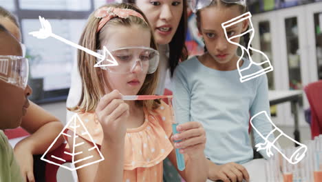 conducting science experiment with test tube, children over educational animation symbols