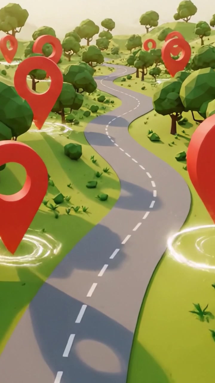 Un viaggio attraverso il paesaggio scenografico: Una strada tortuosa adornata con indicatori di mappa, incastonata in una vegetazione lussureggiante, ideale per la navigazione e l'esplorazione.