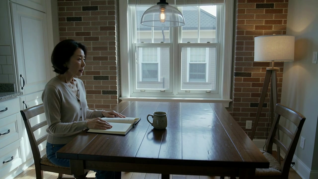 Flipping seated woman turning pages at kitchen dining nook, reviewing journal with mug, copy space