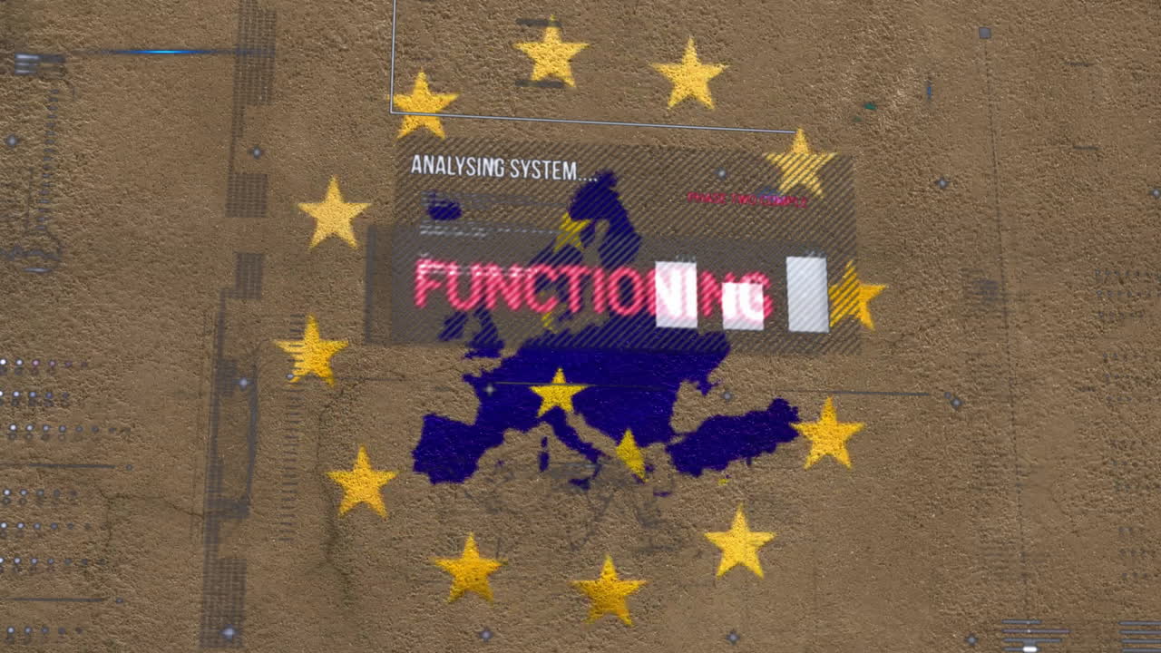 European map with stars and data analysis animation over textured background