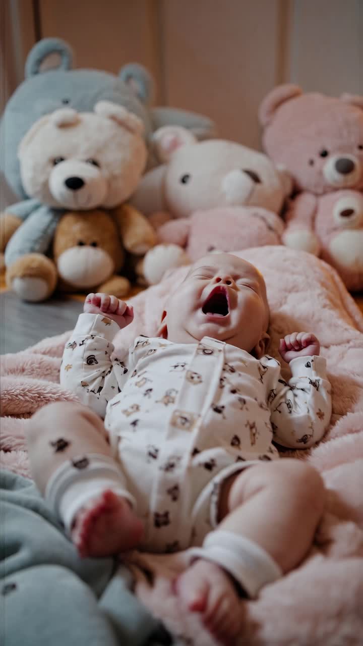Una scena video accogliente di un bambino che sbadiglia in una tutina, circondato da orsi di peluche
