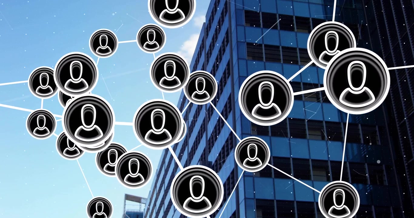 Rete digitale di icone di persone su un moderno edificio per uffici