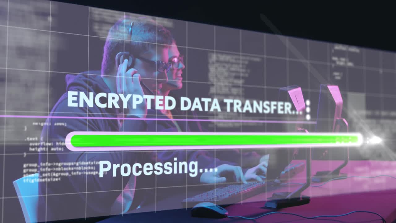 Animation of data processing over diverse business people using phone headsets