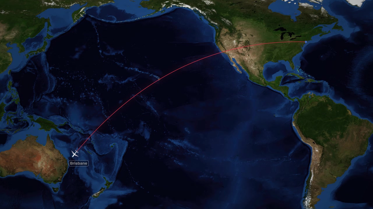 Satellite world map animation tracks a commercial airplane flying from New York to Brisbane Australia