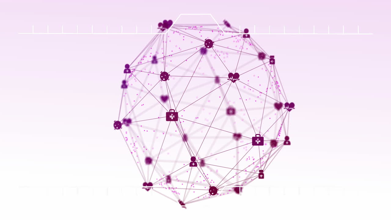 animación de un globo de iconos digitales girando contra un fondo de gradiente rosa.