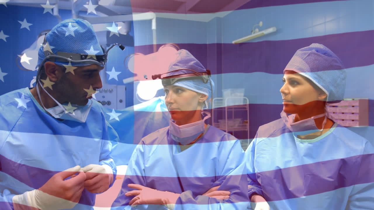 수술실 에서 외과 의사 들 위 에 흔들리는 미국 국기 의 애니메이션