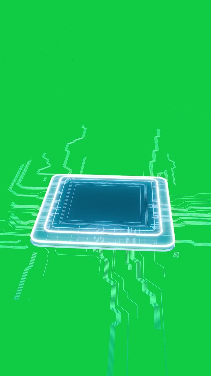 Vertical video: Cyan chip emerging tilting pulsing firing traces linking data net on transparent-bg