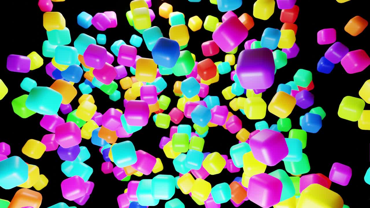 다채로운 큐브와 함께 3d 추상적인 간단한 기하학적 배경 4k에서 네온 빛을 무작위로 박이고, 부드러운 루프 애니메이션, 공중에서 날아가는 큐브, 3d 객체와 함께 창의적인 간단한 모션 디자인 배경