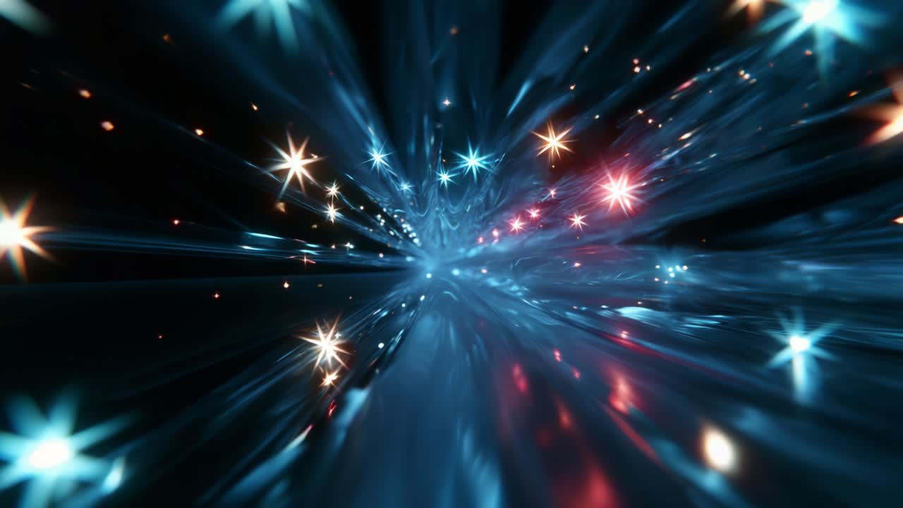 A mesmerizing visual experience of dynamic, colorful light streaks and vibrant stars emanating from a central point, creating a stunning effect of depth, speed, and movement across a dark background