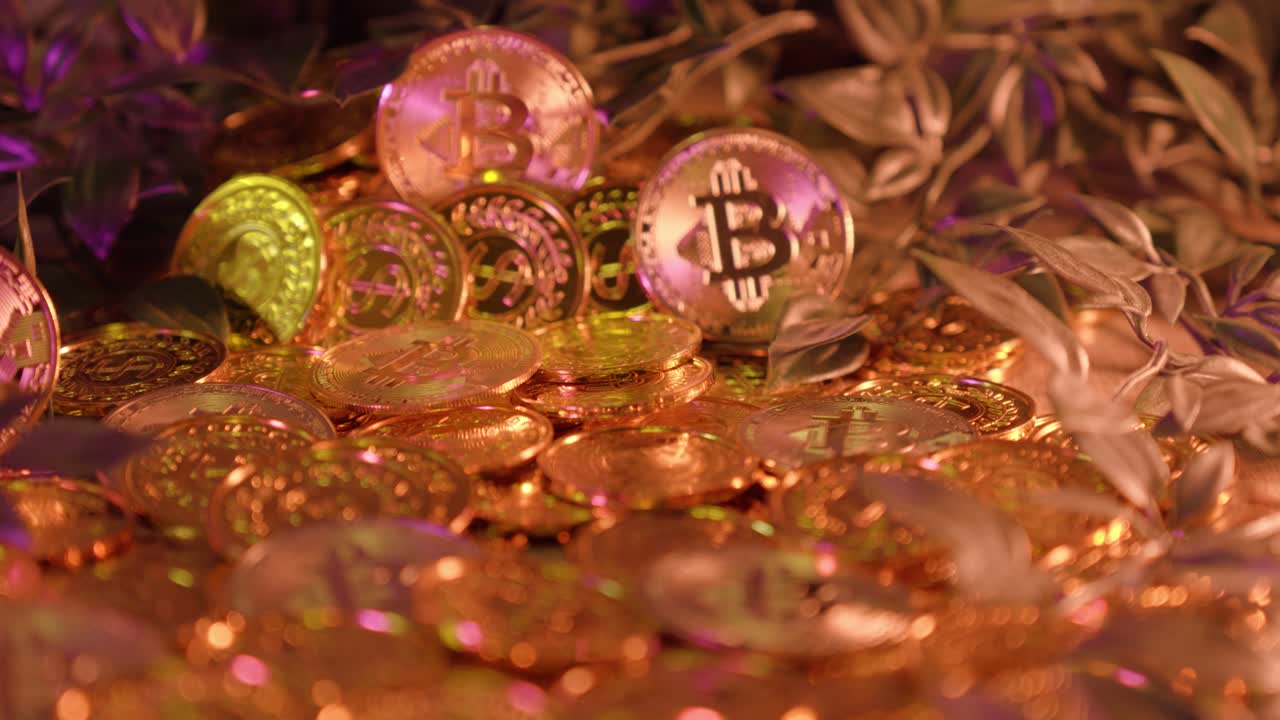 Pile of golden Bitcoin coins with warm metallic tones revealed by rack focus