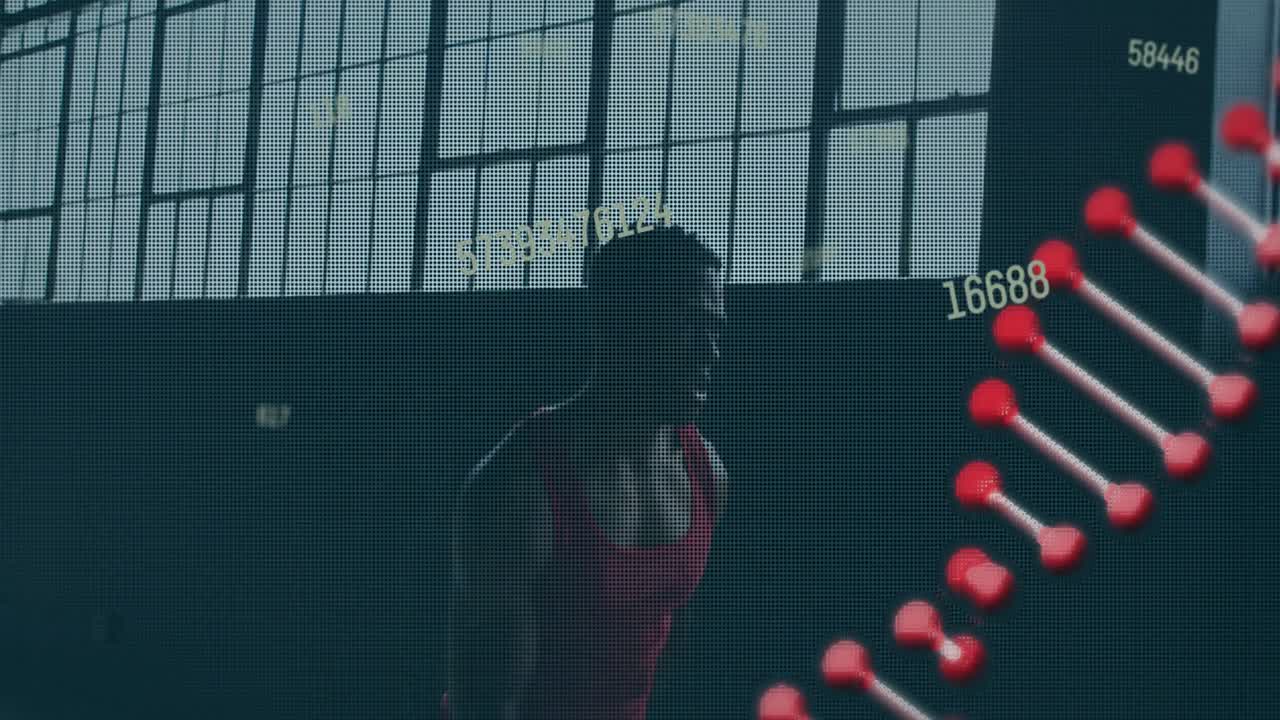 버려진 건물에서 조 ⁇ 하는 남자를 가로질러 회전하는 dna 균열의 애니메이션