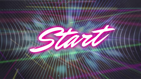 animation of neon start text banner over light trails and light spots against black background