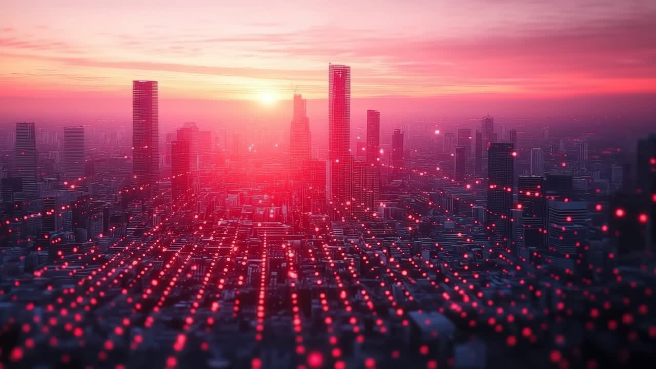 City skyline illuminated at sunset. Bright city skyline captures vibrant hues during sunset, showcasing tall buildings surrounded by a glowing atmosphere.