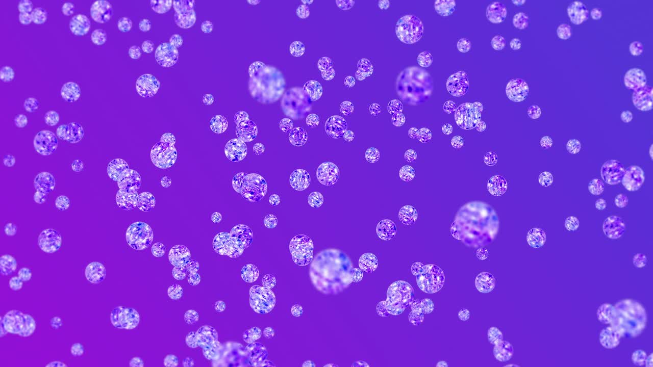 보라색 배경에 많은 은 크리스탈 구를 날아. 투명, 다채로운 유리. 반이는 공 회전의 3d 애니메이션. 루프 애니메이션.
