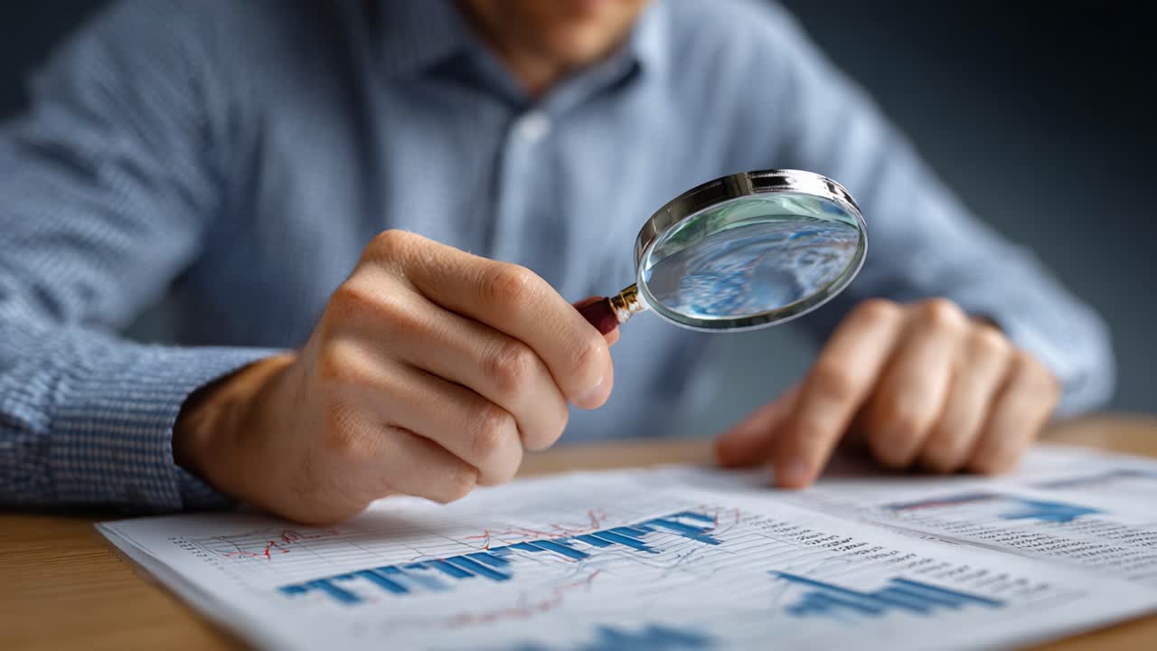 Een gefocust persoon onderzoekt financiële gegevens met een vergrootglas, wat detailverkenning in statistieken benadrukt en analytische vaardigheden verbetert voor beter inzicht