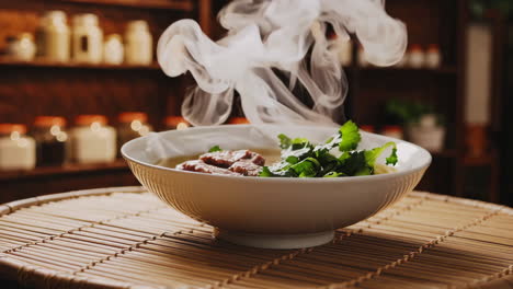 steaming bowl of beef noodle soup