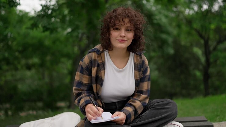 Portrait of a brunette student girl with curly hair in a brown shirt sitting on a bench and making notes in a notebook in the park