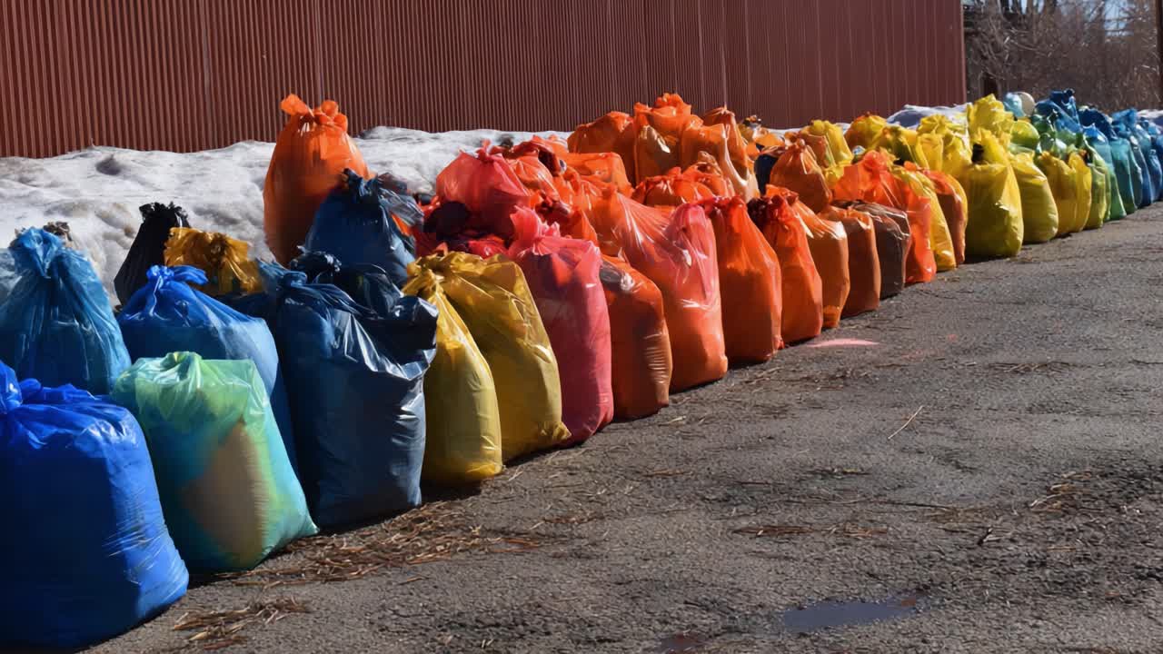 A Colorful Array of Waste Management Bags Lined Up on a Paved Surface, Showcasing Efficient Waste Segregation Practices for a Cleaner Environment