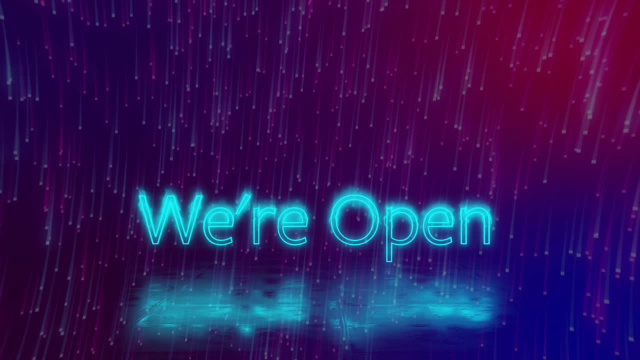 Glowing neon We're Open animation against rainy purple and red background