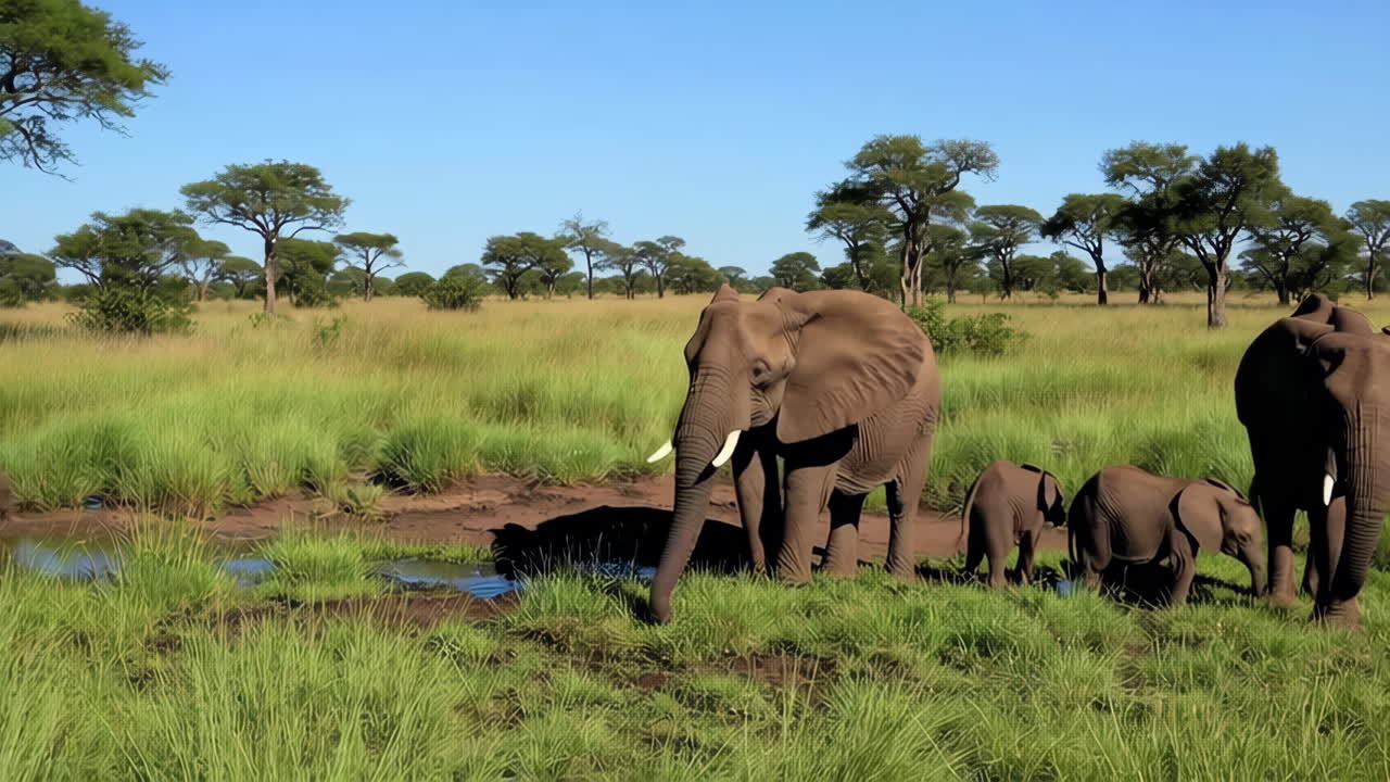 African Elephant Family in Savanna Grasslands