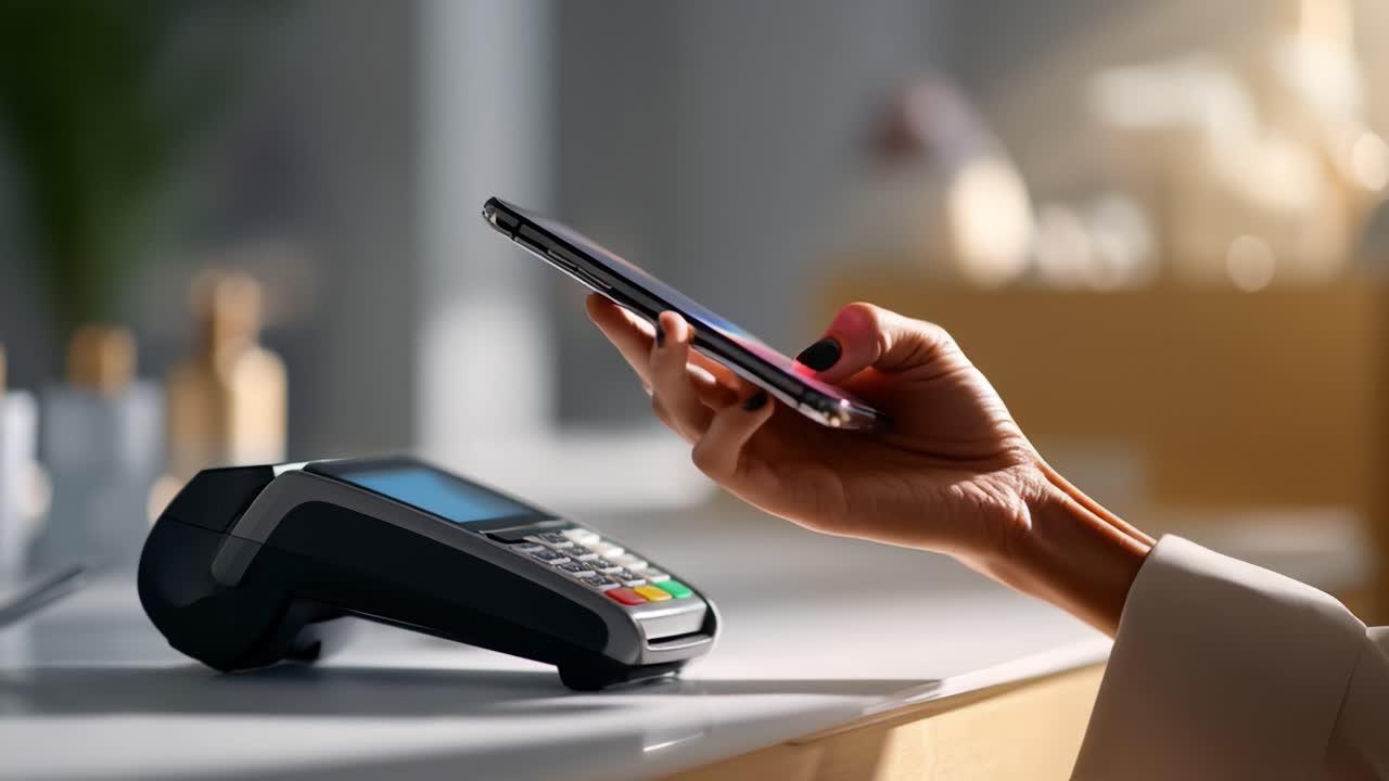 A modern digital payment experience featuring a smartphone making a contactless transaction over a sleek payment terminal in a well-lit environment, showcasing convenience and technology