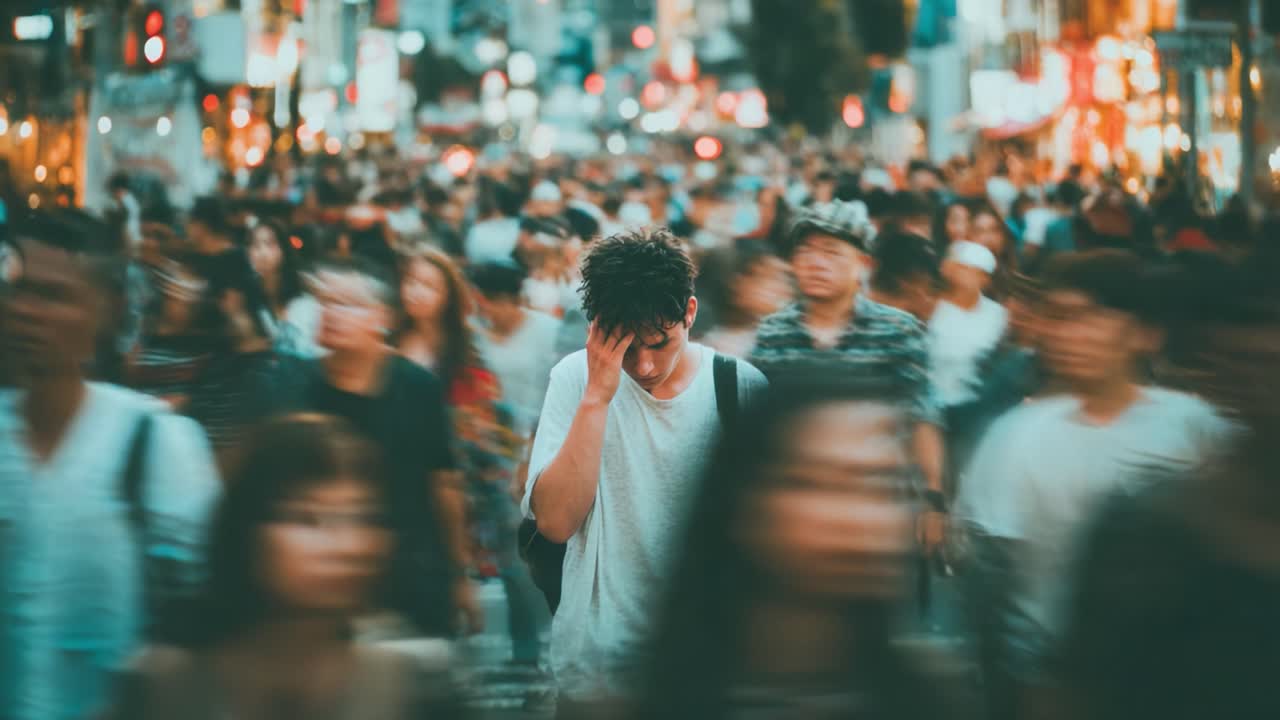 Seorang tokoh soliter berdiri di tengah keramaian yang ramai, mengekspresikan perjuangan perasaan tersesat dan kewalahan di tengah kekacauan kehidupan kota dan pengalaman urban.