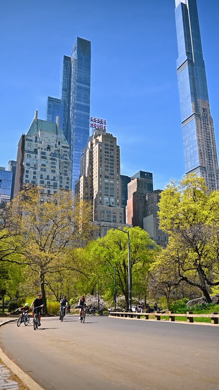 Cyclists riding in Central Park with skyscrapers in the background