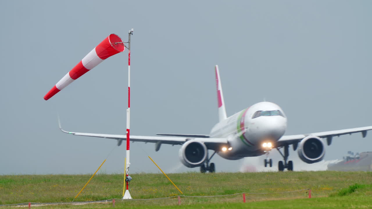 Samolot TAP Air Portugal kołujący z powiewającym rękawem lotniskowym na lotnisku w Lizbonie
