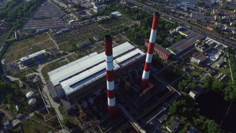 Aerial-view-chimneys-on-industrial-plant.-Industrial-pipe-on-chemical-factory