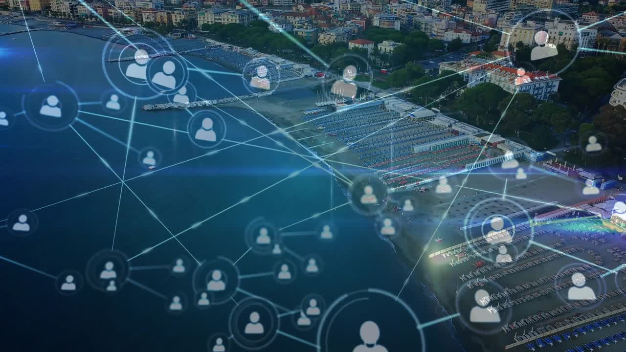 Icono de usuario circular que emerge cerca de nodos de inicio costeros que generan enlaces y pulsan, mostrando la red