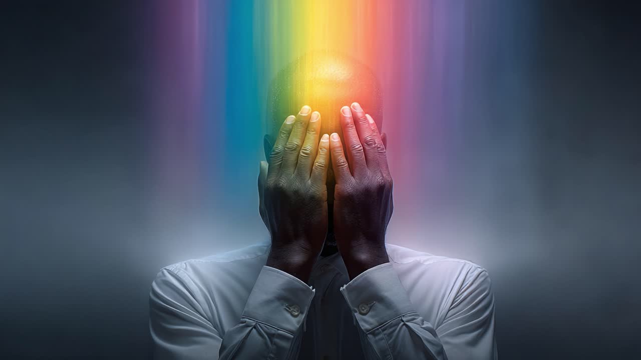 A mesmerizing journey through self-discovery and emotional transformation, as a person experiences a vibrant burst of colors illuminating their identity and inner strength