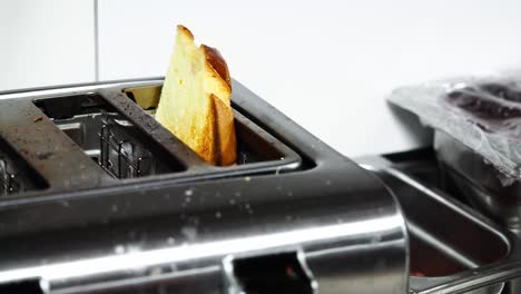 primer plano de tostadas frescas que salen y se recogen de la tostadora