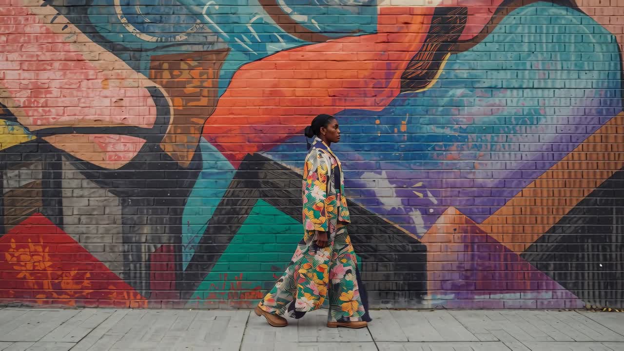 Servizio fotografico con modella in posa che sistema un kimono colorato per strada, vicino a un murale, lasciando intravedere un perizoma; moda.