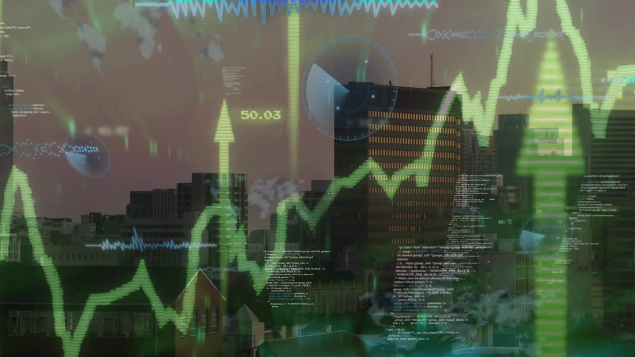 animación del procesamiento de datos y diagramas sobre el paisaje urbano.