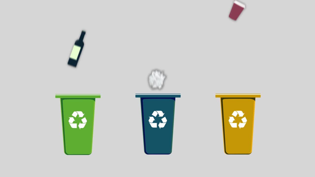 Recycle concept animation, trash garbage falling in green, blue and yellow container, glass, paper and plastic, alpha matte included