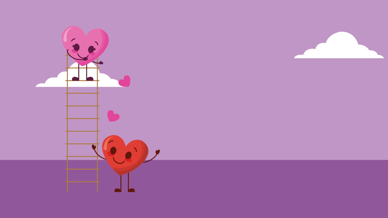 사랑의 커플 심장과 계단 캐릭터와 함께 발렌타인 카드